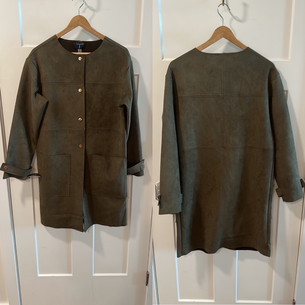 NWT- Tahari Long Olive Green Faux Leather Button Up Jacket. Size S